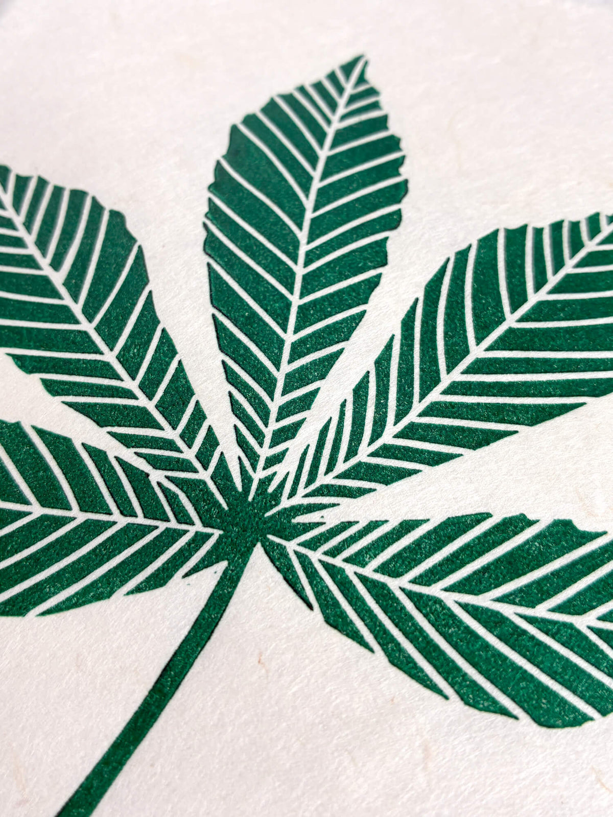 A close-up of a green horse chestnut conker leaf art linocut print.