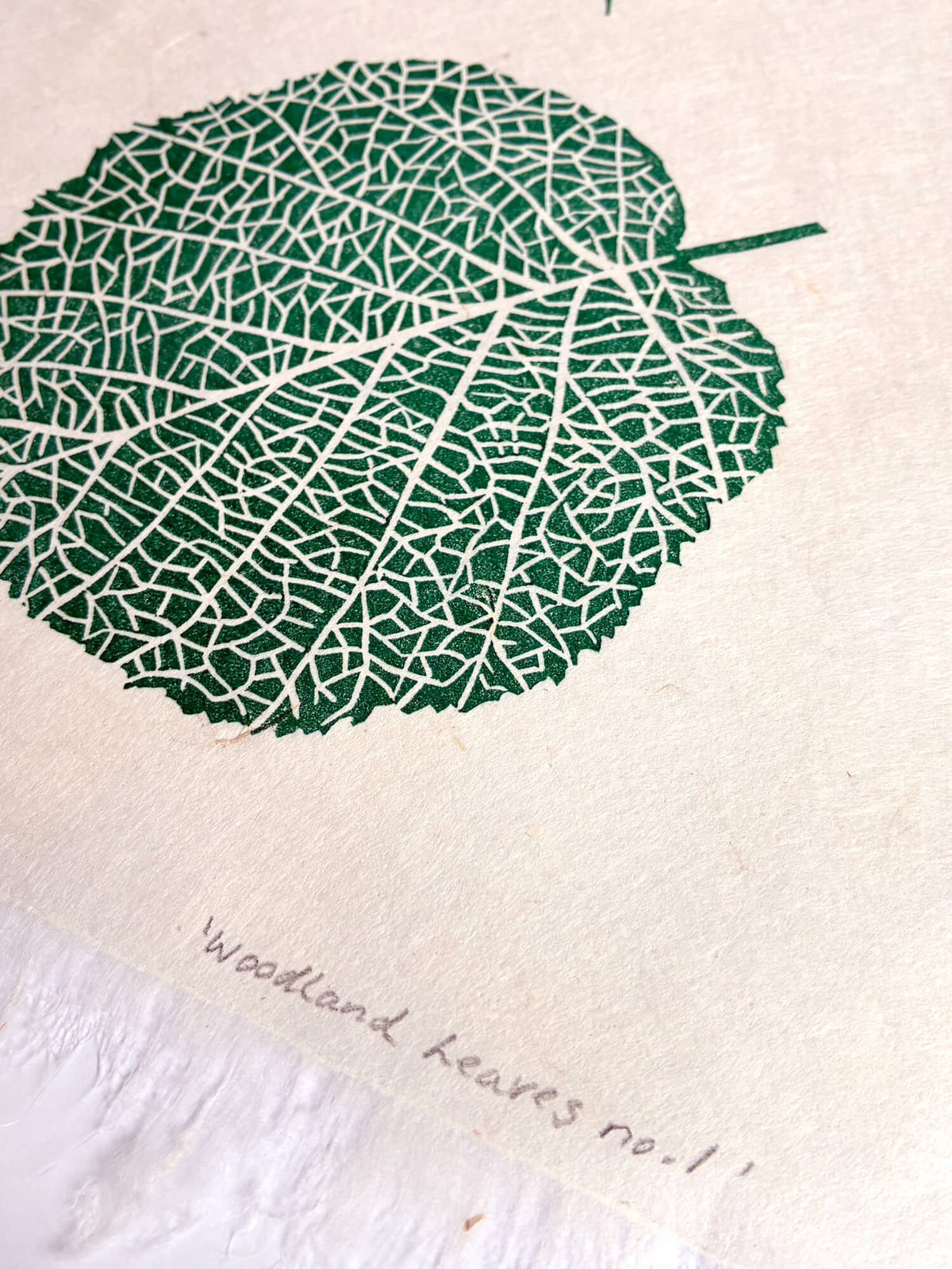 Close up of the texture of a green linocut leaf print signed by Sam Luck in her UK studio.