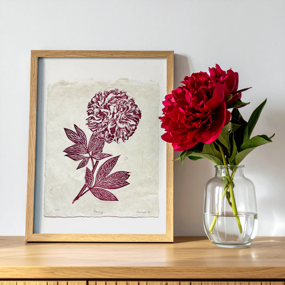 Summer handmade linocut print of a red peony hand carved by Sam Luck printmaker, UK.