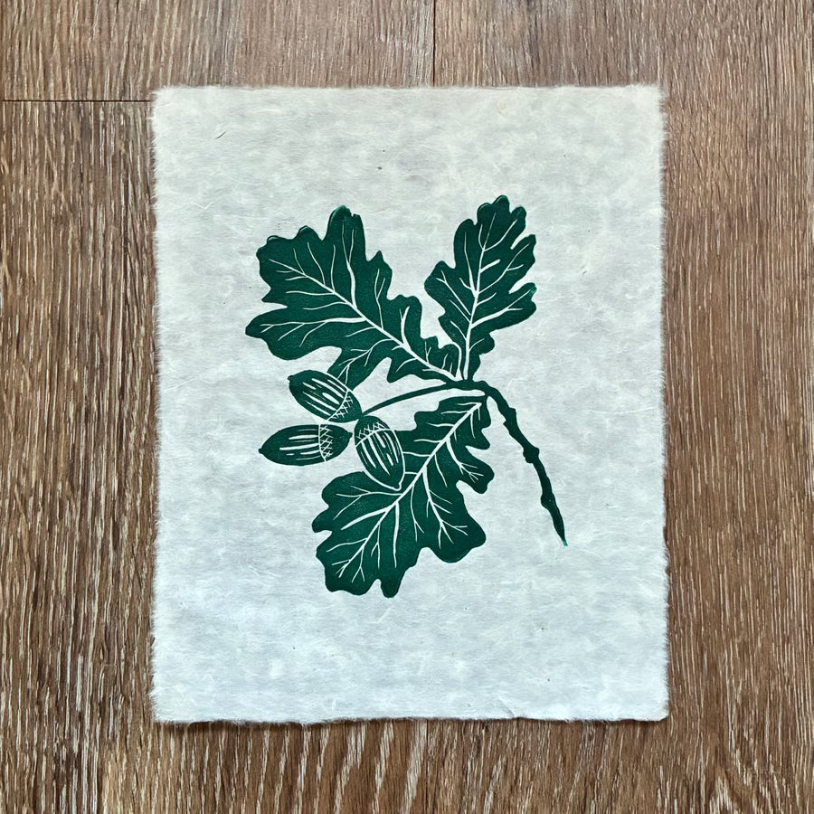 SECOND SALE – Oak leaf and acorn original linocut print in forest green