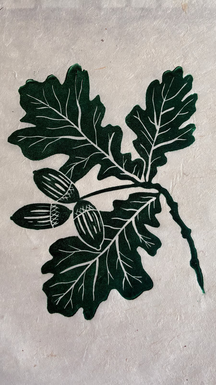 SECOND SALE – Oak leaf and acorn original linocut print in forest green
