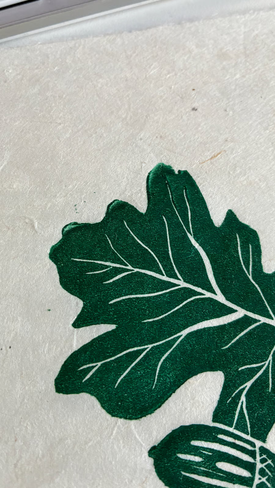 SECOND SALE – Oak leaf and acorn original linocut print in forest green