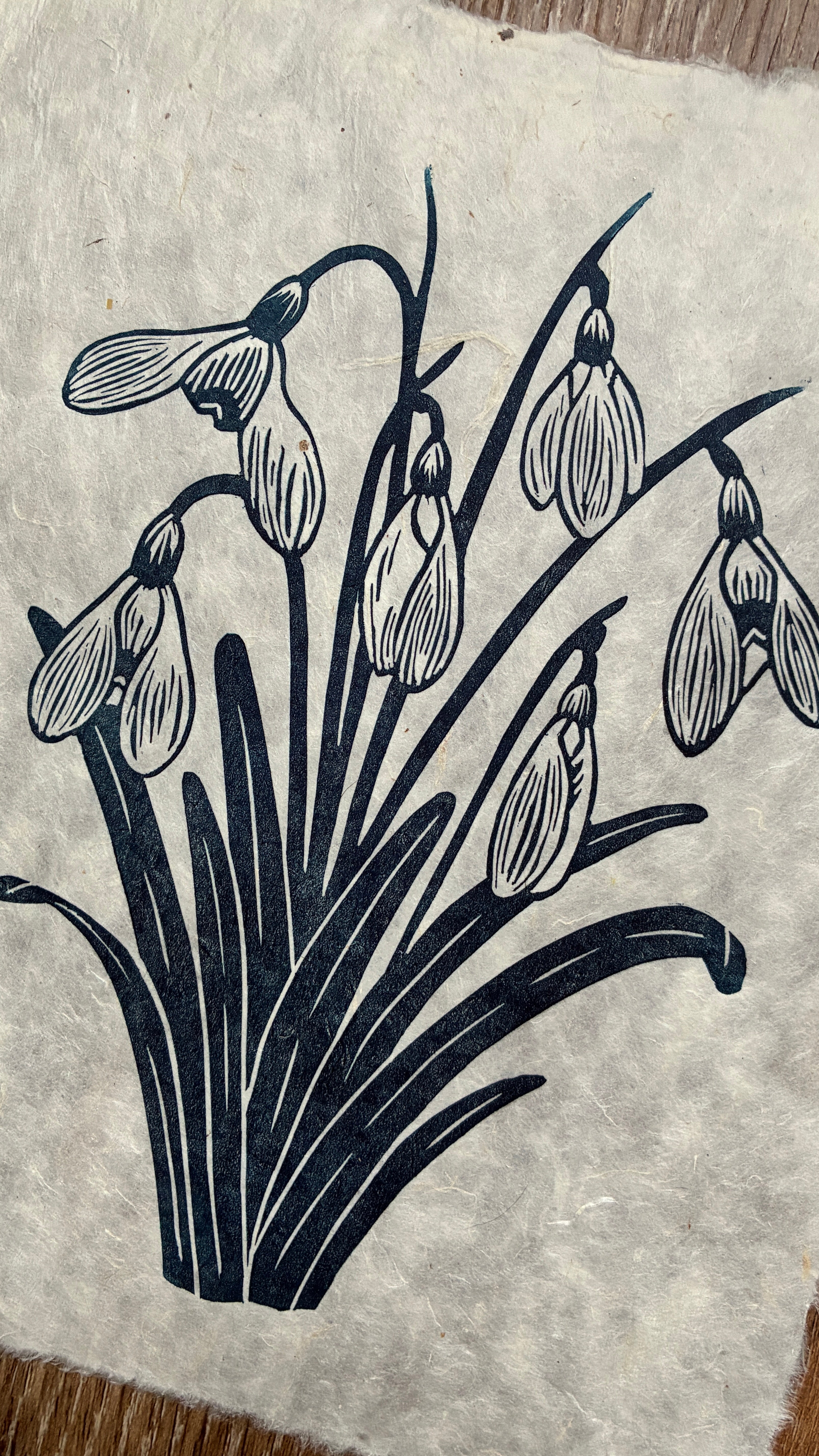 SECOND SALE – Snowdrops original linocut print in navy blue