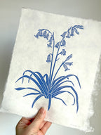 Handmade bluebell art print by Sam Luck, UK linocut artist.