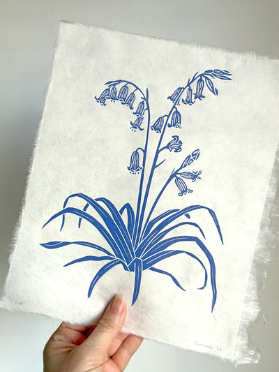 Handmade bluebell art print by Sam Luck, UK linocut artist.