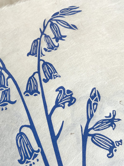 English bluebell linocut print close up detail of texture.