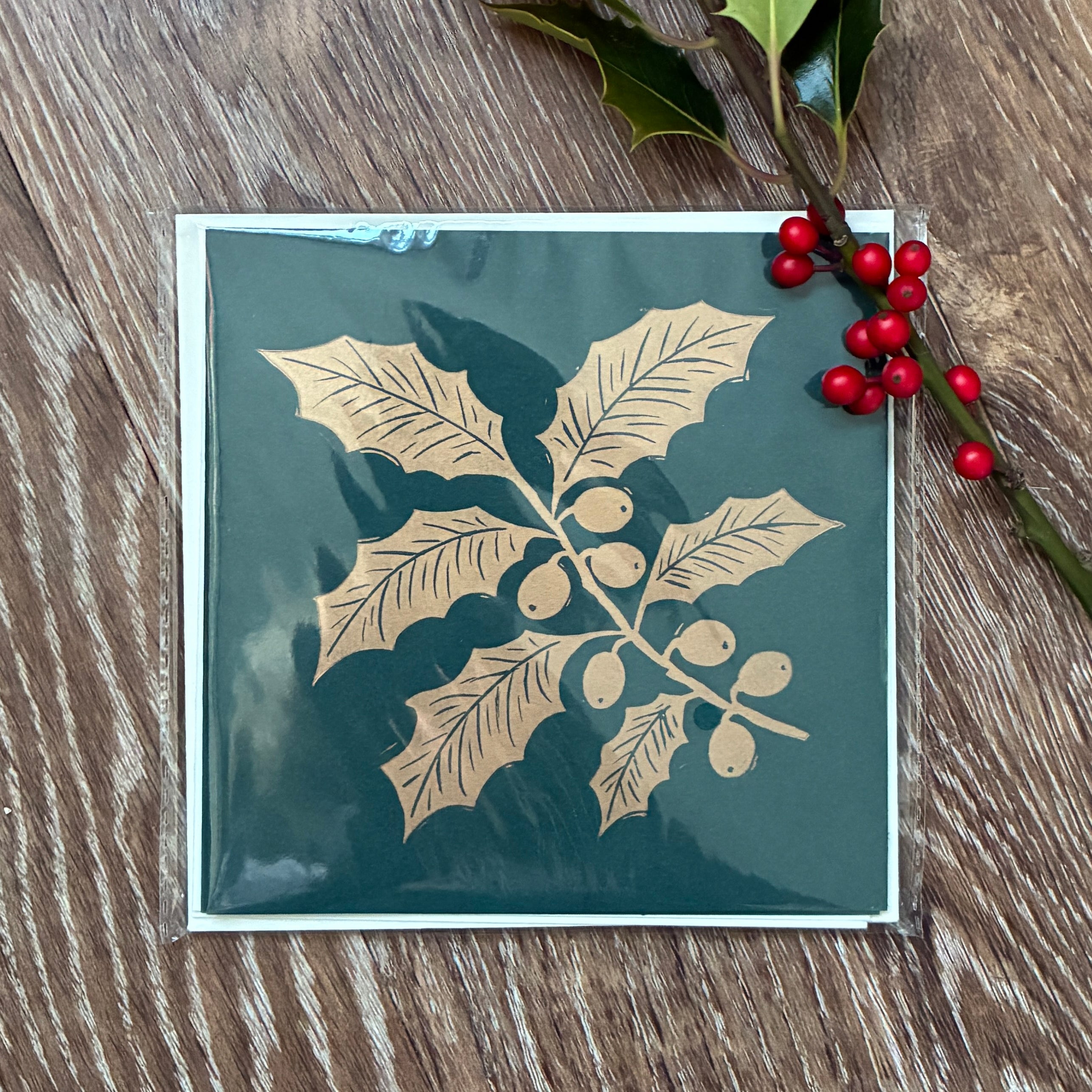 Gold and Green Holly Original Lino Cut Christmas Cards
