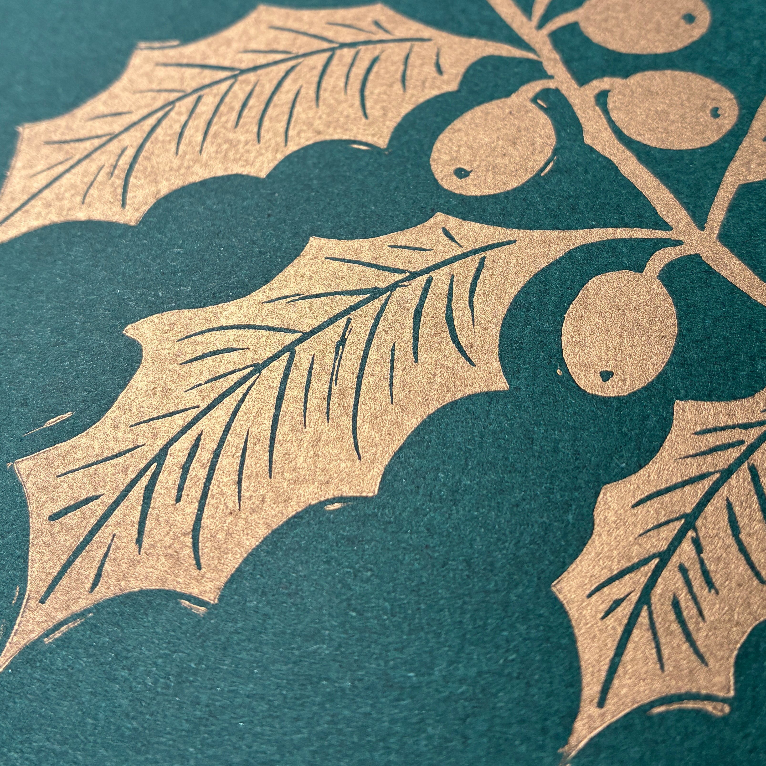 Gold and Green Holly Original Lino Cut Christmas Cards