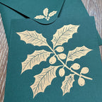 Gold and Green Holly Original Lino Cut Christmas Cards