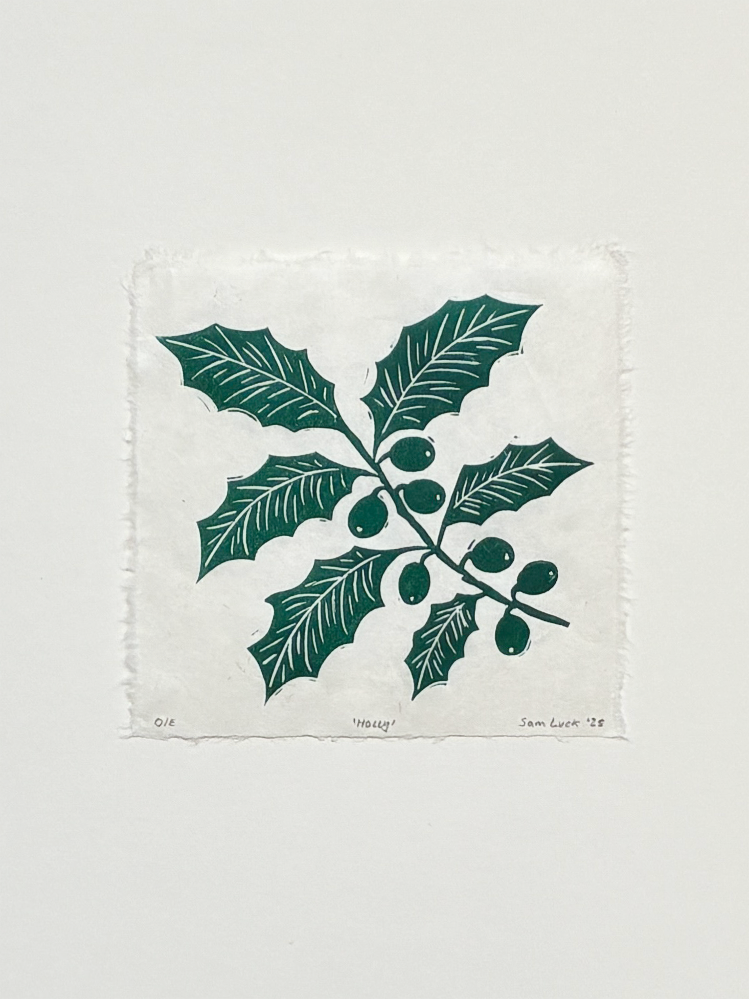 Green Holly Branch Original Lino Print – Handmade Paper Botanical Print