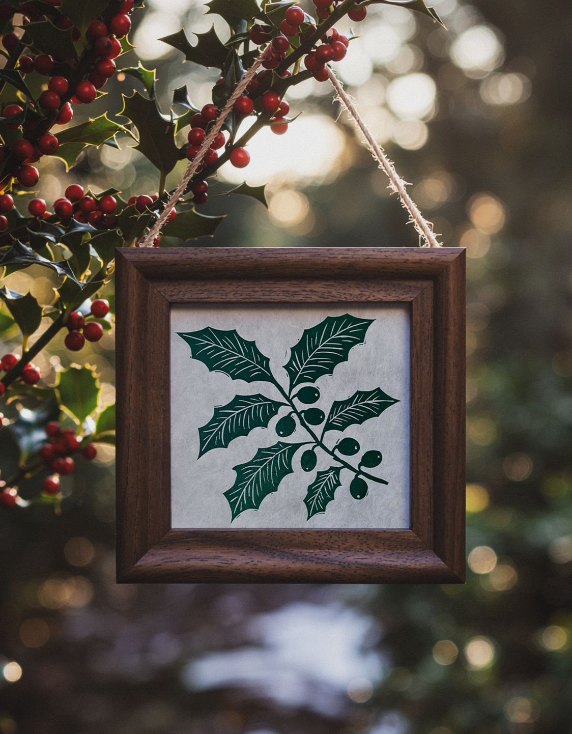 Green Holly Branch Original Lino Print – Handmade Paper Botanical Print