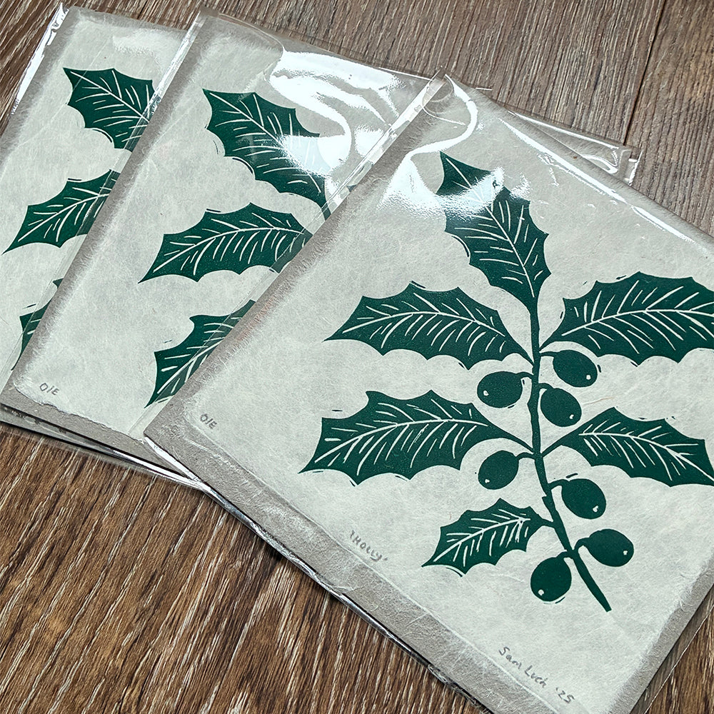 Green Holly Branch Original Lino Print – Handmade Paper Botanical Print