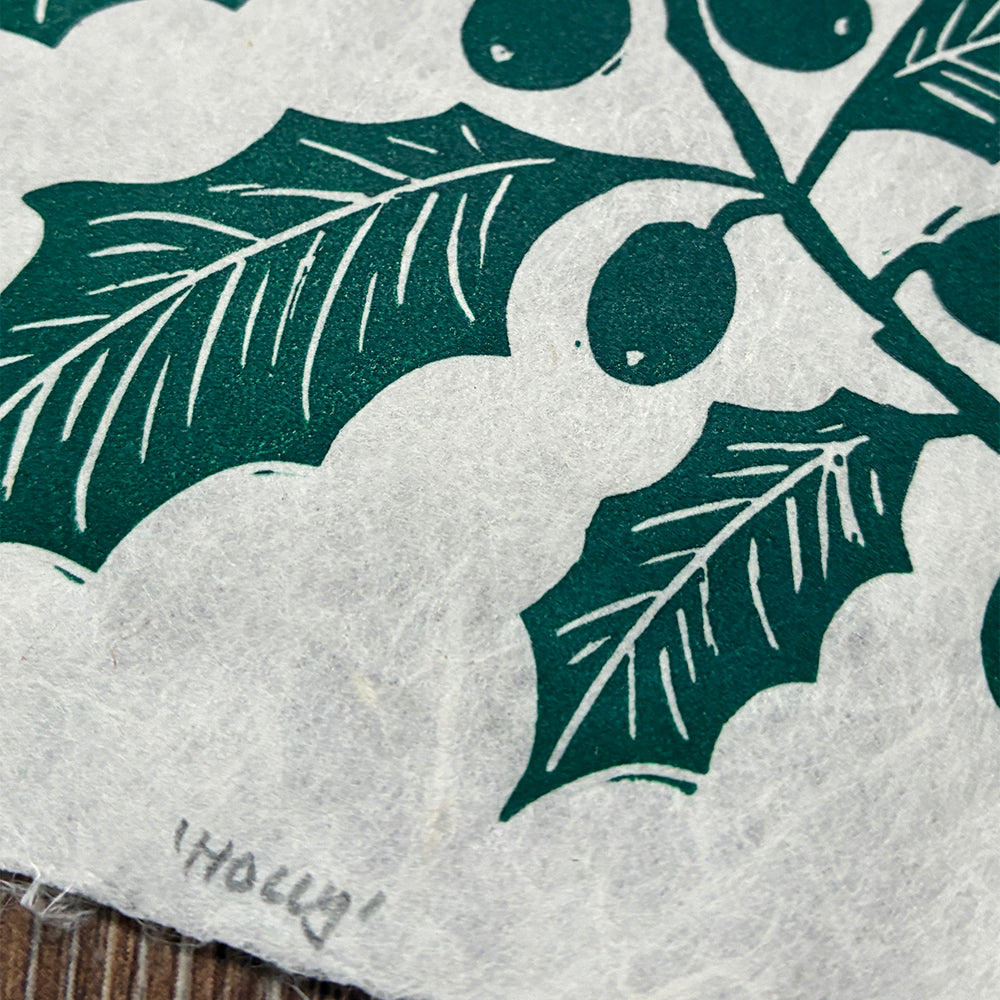 Holly Botanical Linocut Print 6x6 – Handmade Nature Wall Art UK