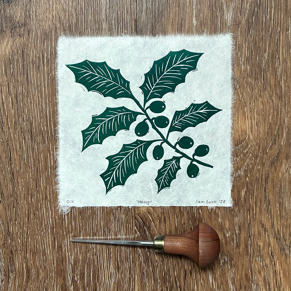 Holly Botanical Linocut Print 6x6 – Handmade Nature Wall Art UK