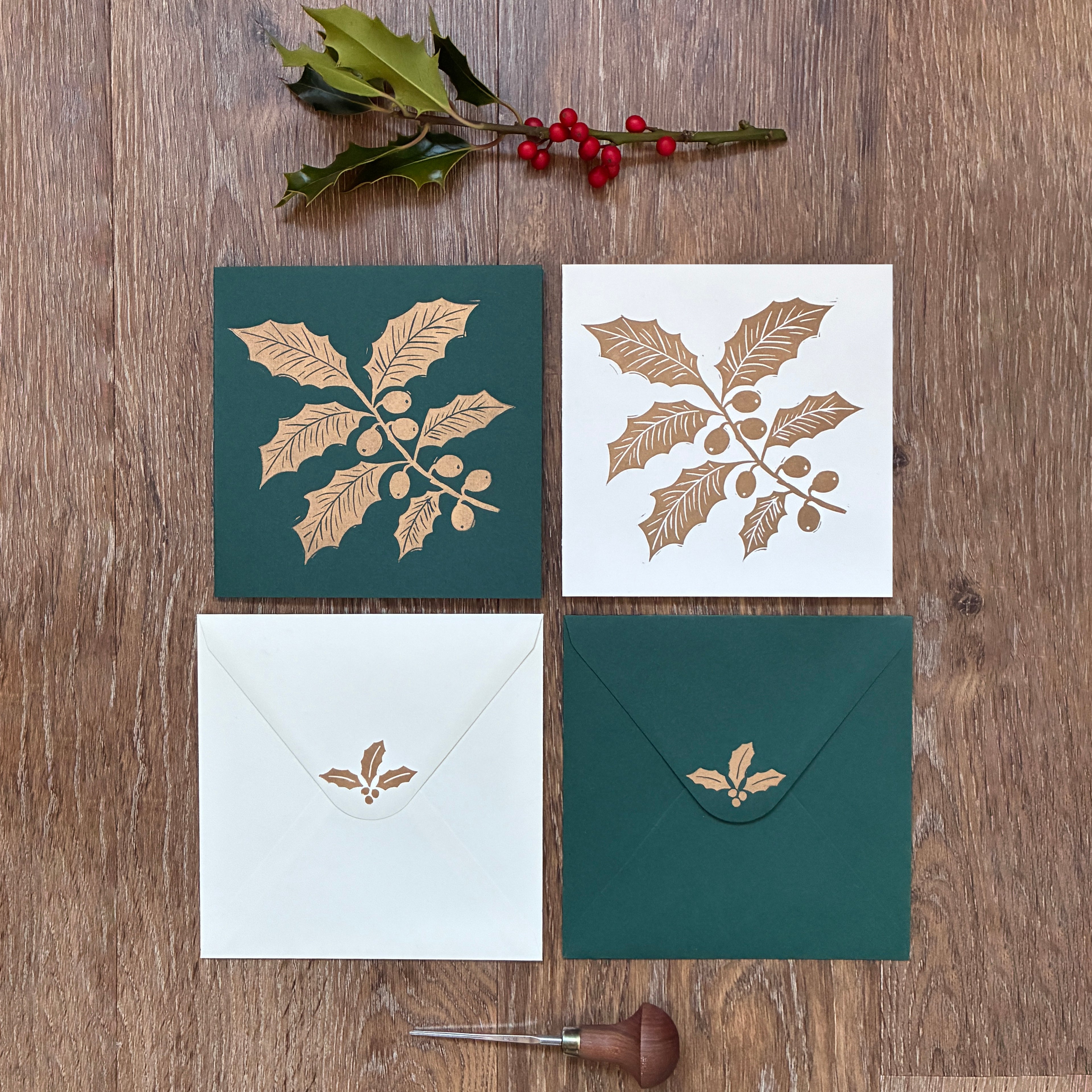 Gold and Green Holly Original Lino Cut Christmas Cards