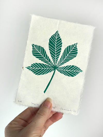 A hand holding a piece of off-white handmade paper with a printed green horse chestnut linocut leaf design, photographed against a plain white background.