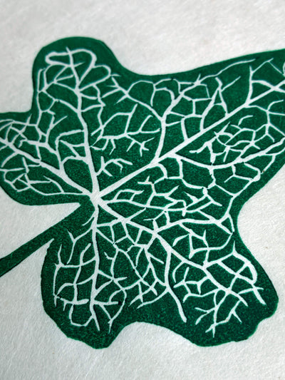 Close up detail of an ivy leaf botanical linocut print in green.