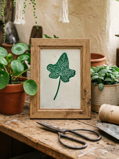 Small handmade ivy leaf print in a wooden frame, on a gardening bench, with scissors and twine. 