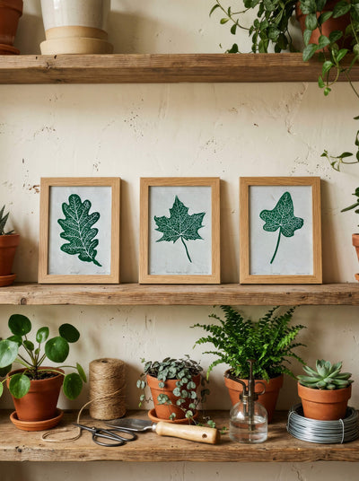Set of three small botanical leaf prints featuring UK trees, on some shelves with gardening scissors, twine and pot plants. Gift for gardeners.