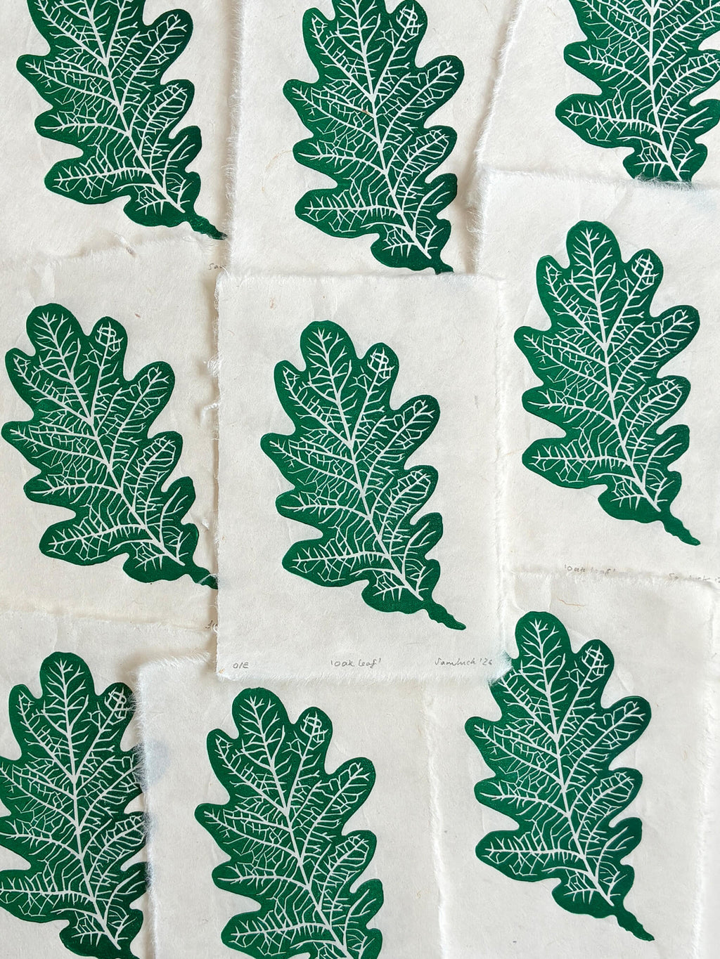 Print edition of an oak leaf A6 linocut print, hand carved and printed in the UK.