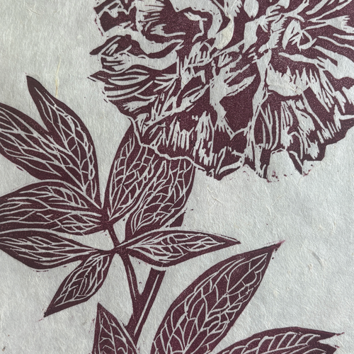 Deep red peony original linocut print