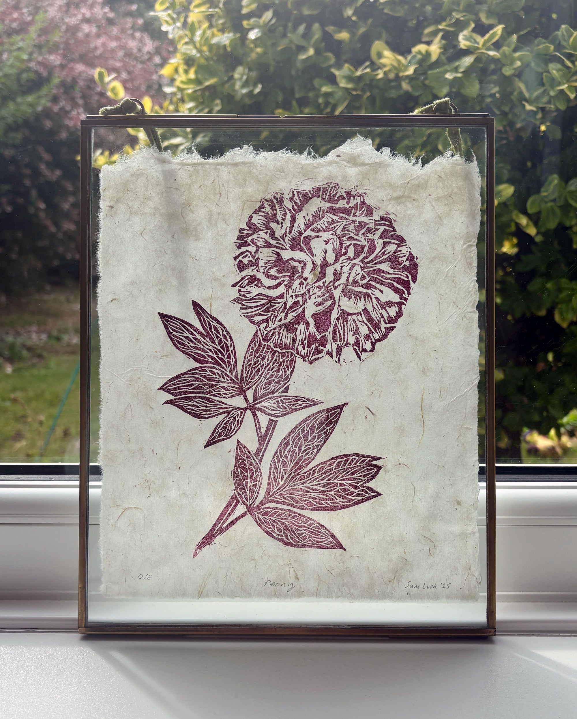 Deep red peony original linocut print