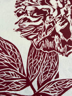 Close up detail of a red peony print botanical wall art by Sam Luck, UK.