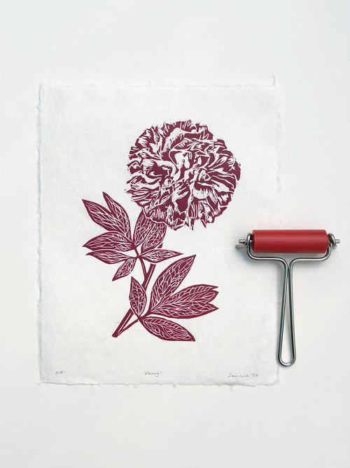Red peony botanical wall art with a ink printmaking roller, created by Sam Luck, UK.