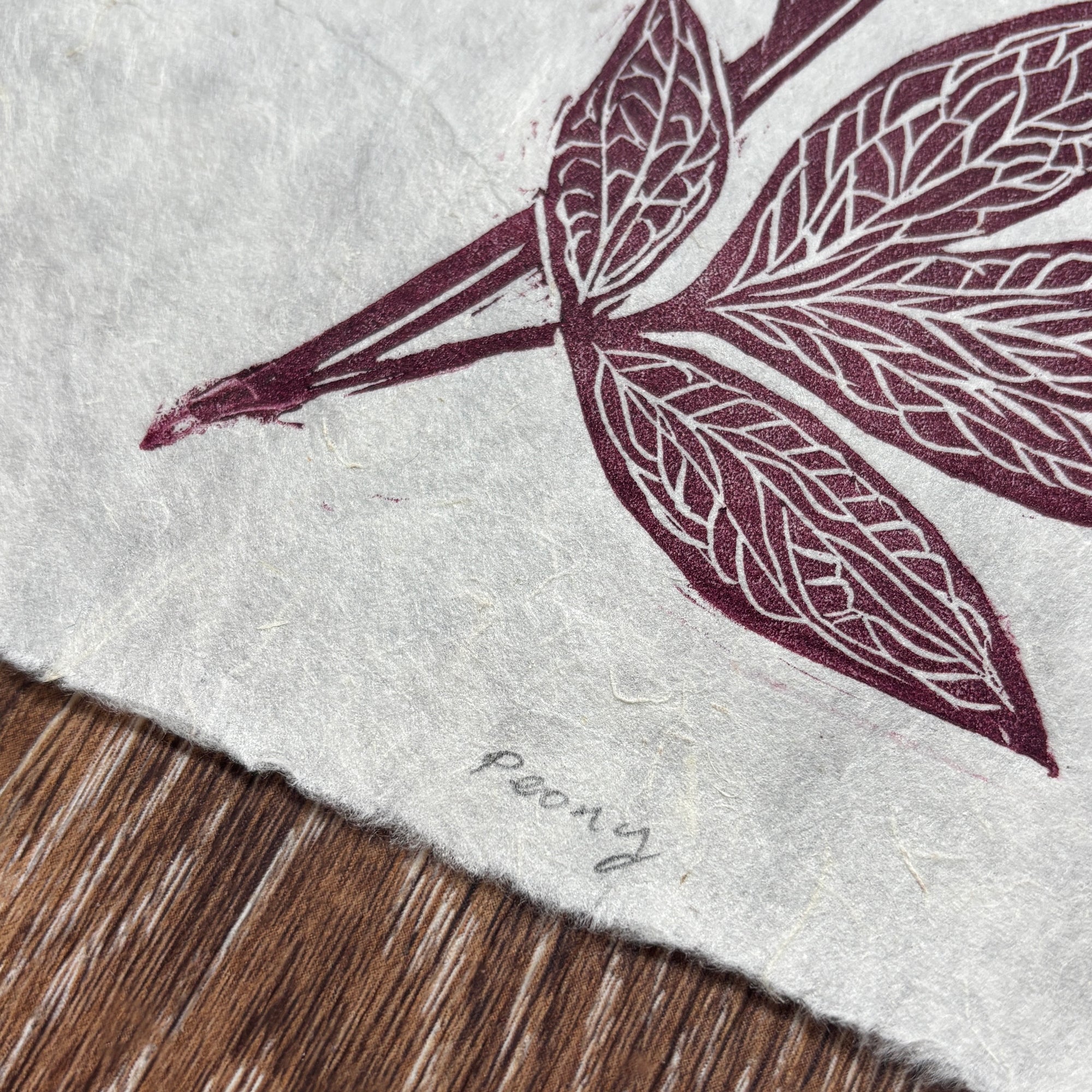 Deep red peony original linocut print