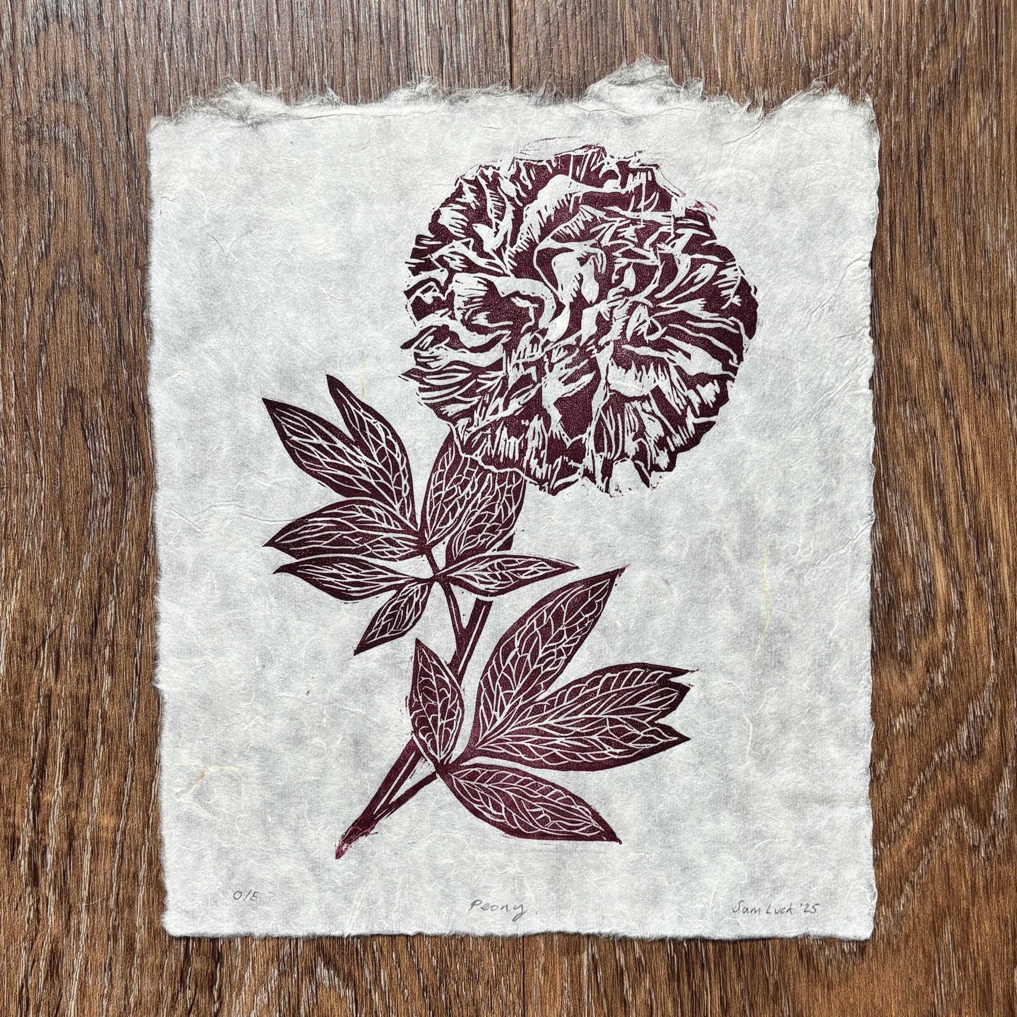 Deep red peony original linocut print