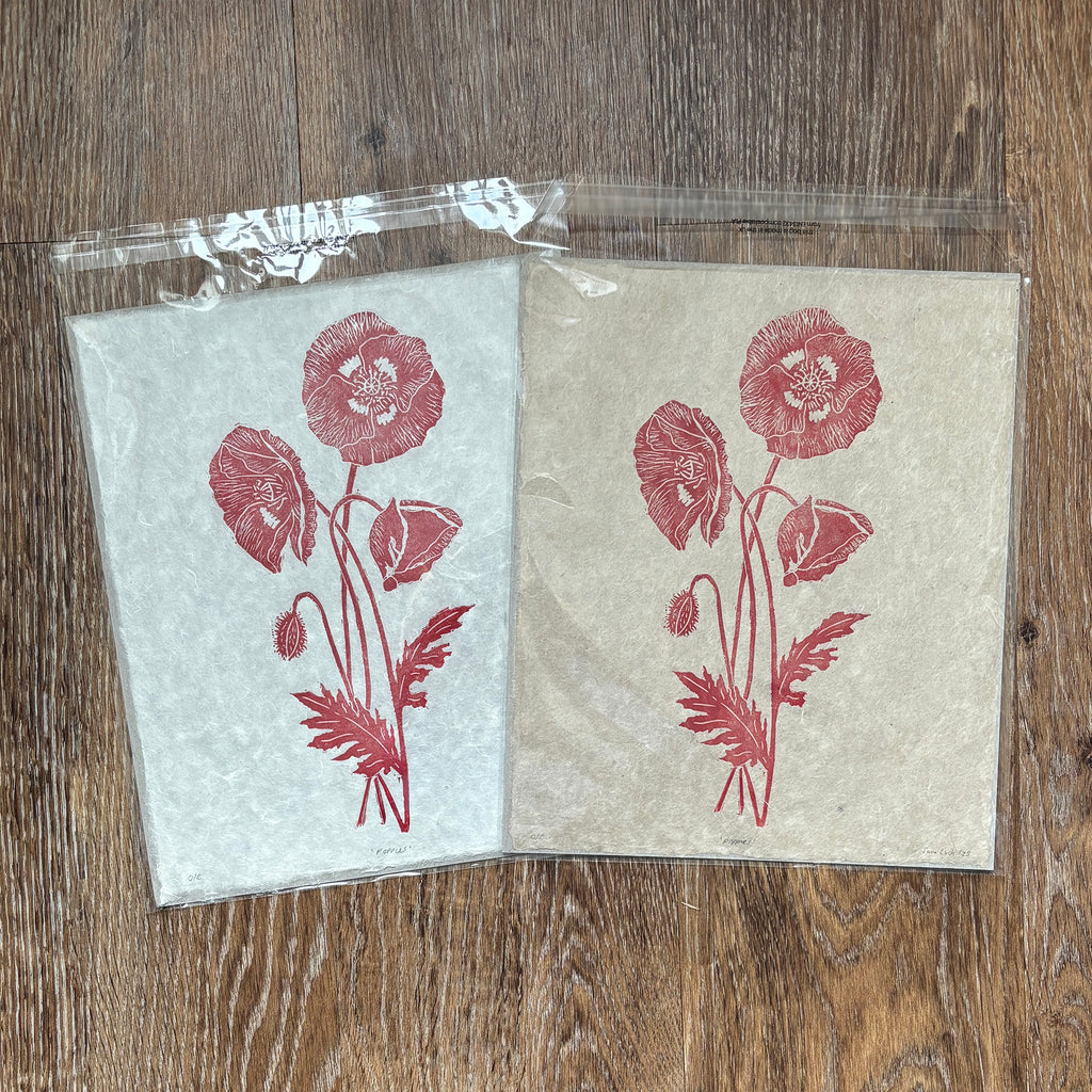 Wild Poppies Botanical Linocut Print 10x12 – Handmade Nature Wall Art UK
