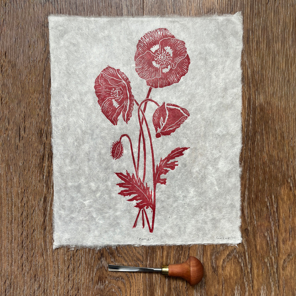 Wild Poppies Botanical Linocut Print 10x12 – Handmade Nature Wall Art UK