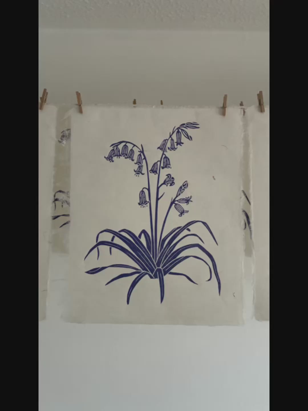 Linocut print process video showing how I created my bluebell art print.