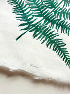Detail of a green fern linocut print on handmade paper, by Sam Luck, botanical artist UK.