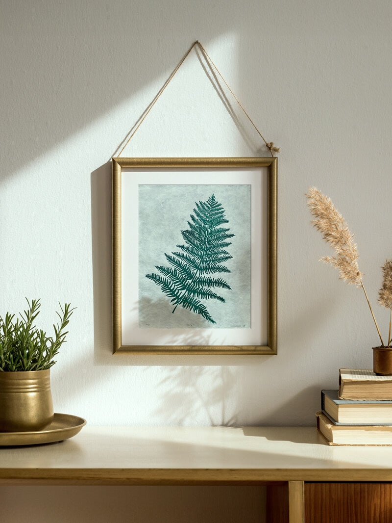 Fern print botanical wall art, handmade by Sam Luck, botanical linocut artist, UK.