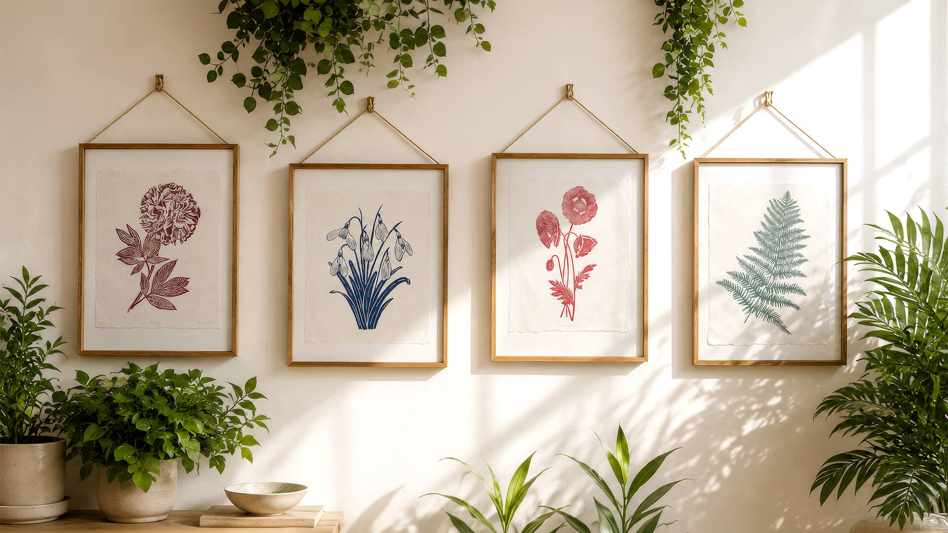Botanical art wall prints hanging in frames on a wall, featuring a peony, snowdrops, poppies and a fern, with decorative hanging plants. Gifts for gardeners and nature lovers.