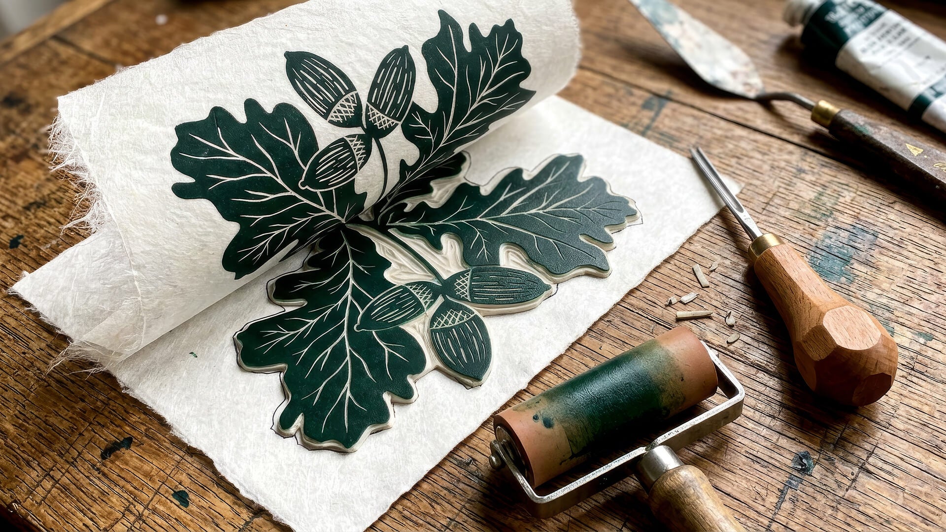 Close up of a linocut print being printed by hand with a ink roller, carving tool, palette knife and tube of ink.