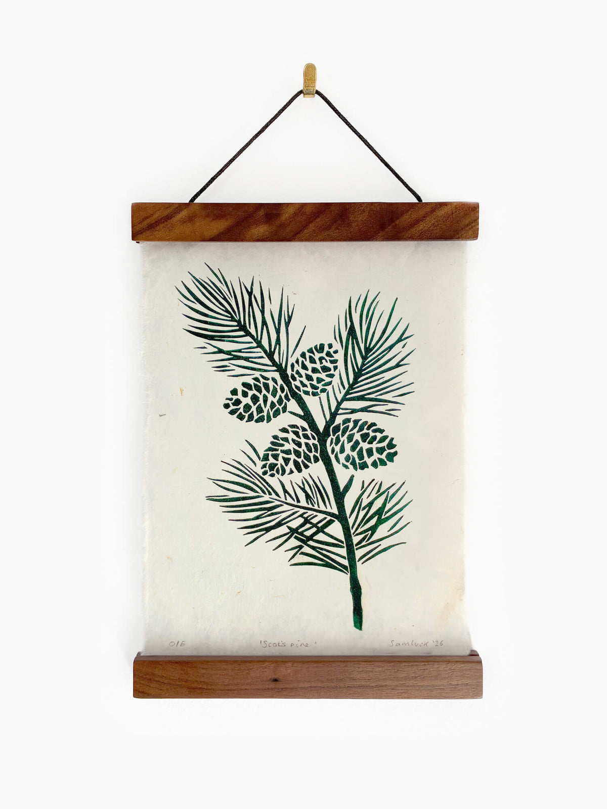 A botanical print featuring a dark green pine branch with pinecones on an off-white handmade paper, suspended from a wooden poster hanging frame on a white wall background.