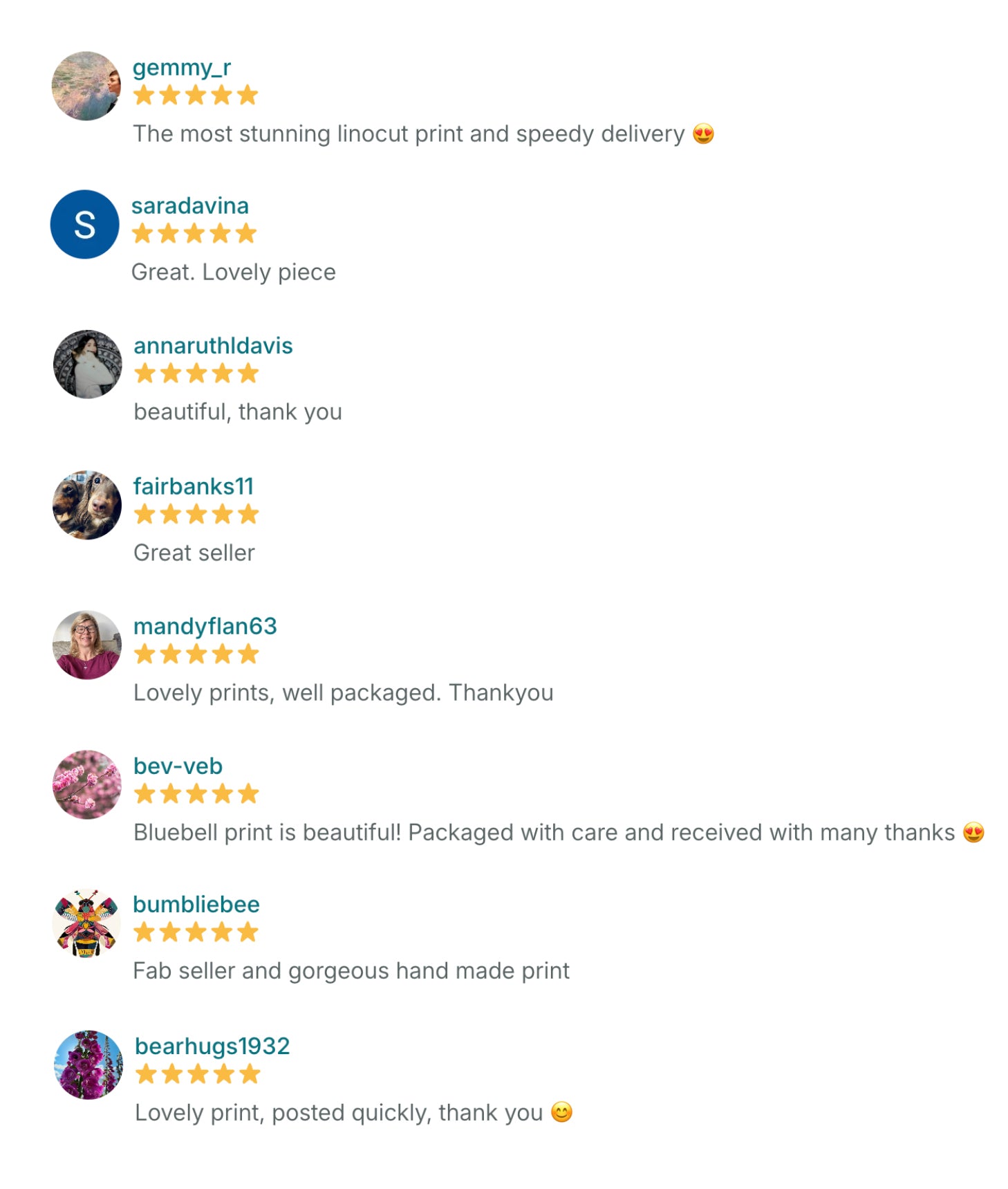 Testimonials from happy customers with multiple user comments praising Sam Luck linocut prints. The comments mention 'the most stunning linocut print', 'beautiful, thank you', and 'fabulous hand made print'.